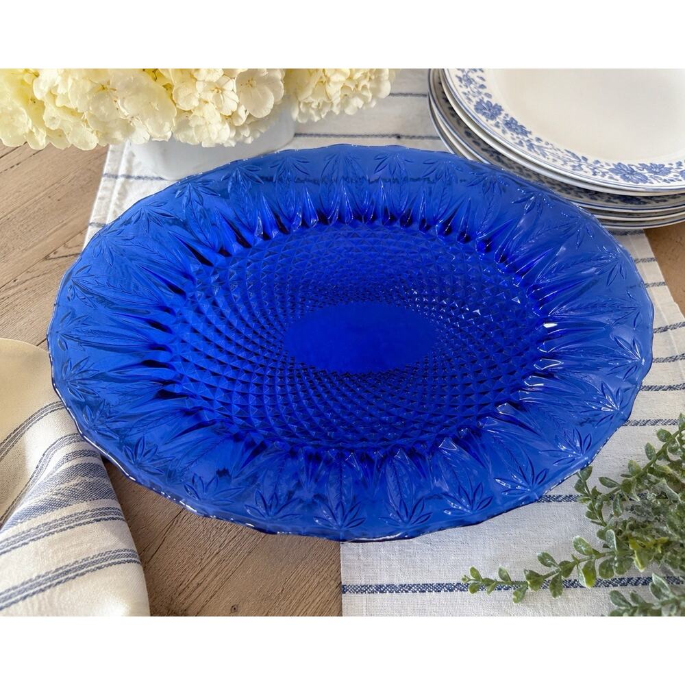 Vintage Avon Cobalt Blue Glass Oval Serving Platter Leaf Pattern 13”